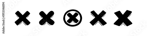 Set of hand-drawn black X marks and cross symbols on white background. Different styles of sketchy cross icons, including one in a circle, for UI design, rejection, and error messaging.