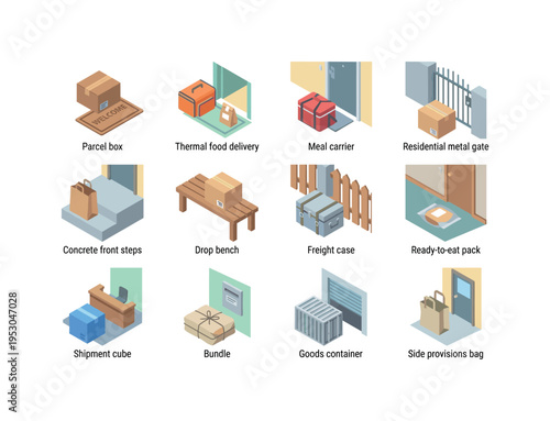 Isometric illustrations of various delivery and package drop-off scenarios