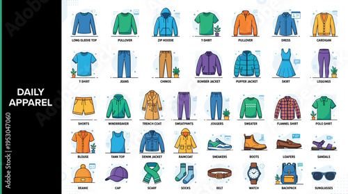 Collection of daily apparel icons for men and women, showcasing diverse clothing items