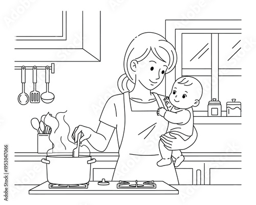 Happy mother's day illustration of loving mom holding baby in kitchen