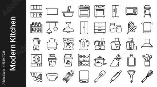Modern kitchen icons set for design and illustration, clean and simple line art style