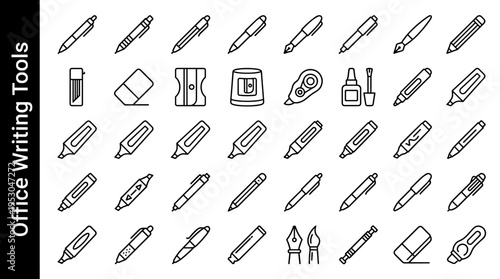 Collection of office writing tools and stationery icons in a clean line art style