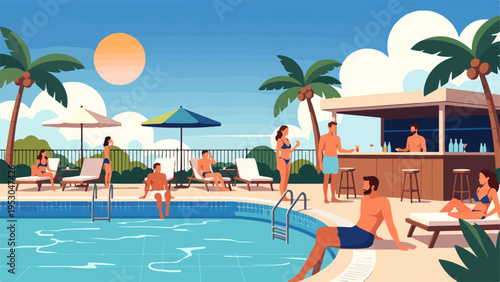 Vacation pool scene with swimming people