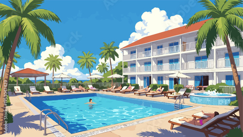 Cartoon poolside summer vacation scene