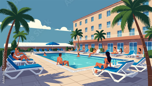 Summer pool party with people flat illustration