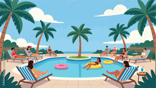 Cartoon summer pool activity illustration