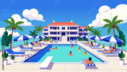 Summer leisure pool scene with people