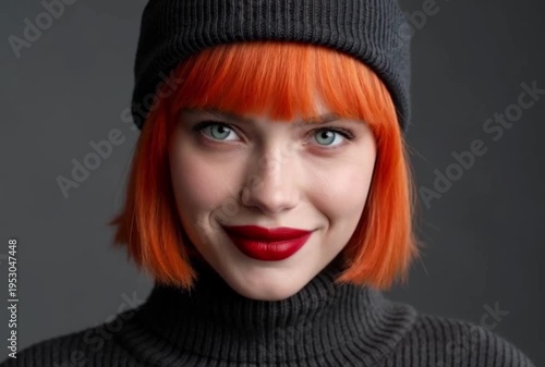 Stylish young woman with vibrant orange hair and red lipstick