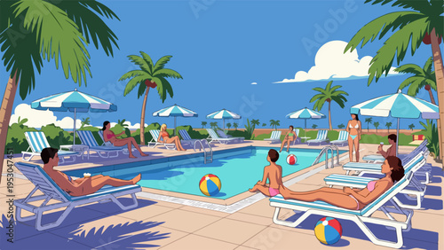 Cartoon swimming pool scene with people relaxing