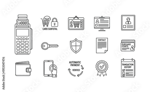 Digital payment terminal, encrypted data lock, cart subtotal board, customer profile form, security key token, privacy shield icon