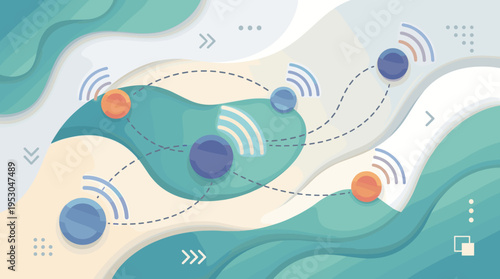 Abstract network of connected nodes with wireless signals and flowing shapes