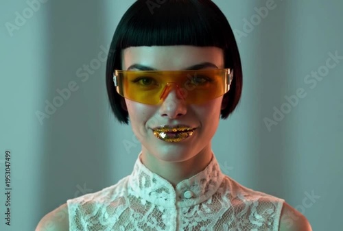 Stylish woman with golden lips and futuristic sunglasses posing in studio