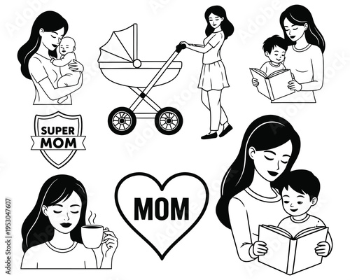 Heartwarming mother's day illustrations of loving moms and kids