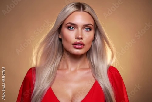 Elegant blonde woman in red dress with flowing hair, studio portrait