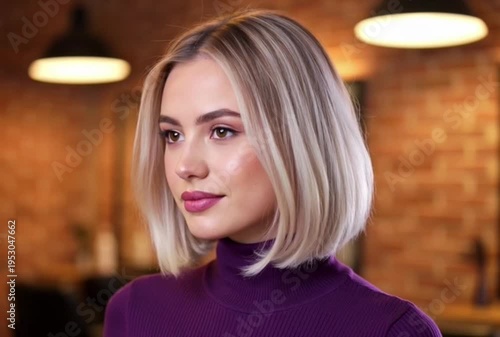 Young woman with blonde bob haircut smiling gently in a cozy cafe setting