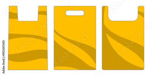 Yellow plastic and paper shopping bags icons set. Vector illustration isolated on white background.