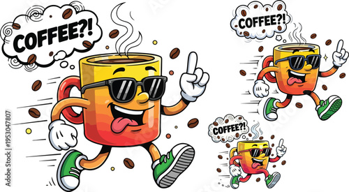 Energetic cartoon coffee cup character enthusiastically running while excitedly demanding coffee in various sizes on transparent background