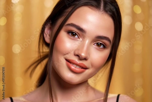 Glamorous Woman with Sparkling Golden Background and Subtle Smile