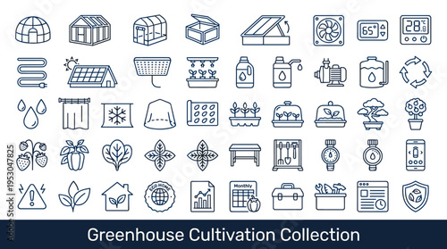 Greenhouse cultivation icons collection for modern farming and gardening technology