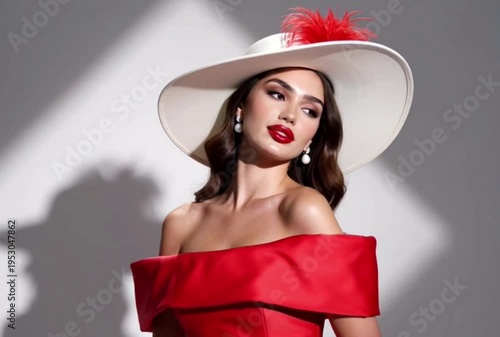 Elegant Woman in Red Dress and White Hat Poses with Dramatic Lighting