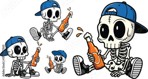 Cute cartoon skeleton characters wearing backwards baseball caps enjoying fizzy drinks in various sizes on transparent background