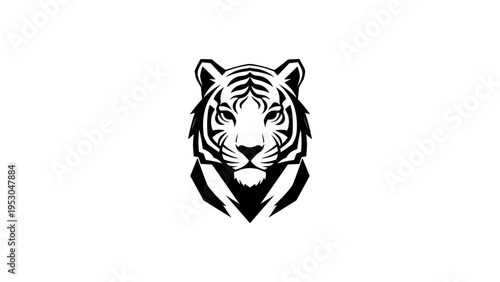 Bold black and white tiger head design on white background