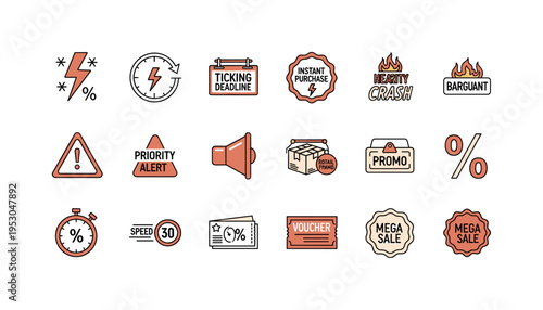 Electric spark discount symbol, ticking deadline panel, instant purchase emblem, heated bargain icon, pricing crash arrow,