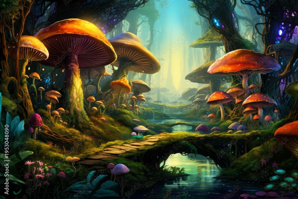 Fototapeta premium Magical landscape showing giant toadstools and a winding stream under a light beam