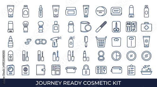 Collection of travel-sized toiletries and personal care items for a journey