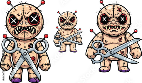 Creepy cartoon voodoo doll character with pins and stitches, featuring an angry expression and X eyes, sometimes holding sharp metal scissors, on transparent background. on transparent background