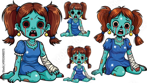 Set of cute but terrifying little girl zombie character illustrations displaying different spooky poses on transparent background