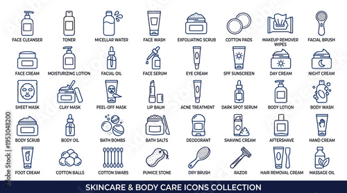 Collection of skincare and body care product icons for beauty and wellness