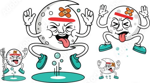 Set of four cartoon droplets depicting various stages of sickness and discomfort with band-aids and red lines over their faces on transparent background. on transparent background