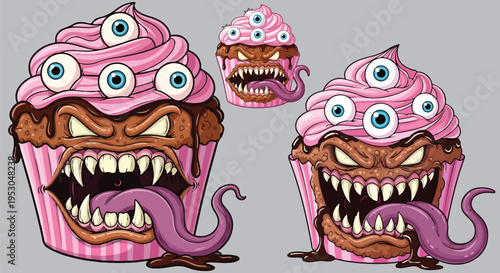 Creepy multi eyed monster cupcake character with sharp fangs and long tongue design element on transparent background