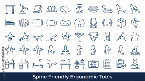 Collection of line icons representing ergonomic tools and healthy posture for spine care