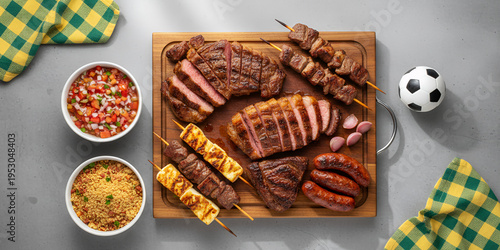 Brazilian barbecue food on concrete table with soccer theme, top view