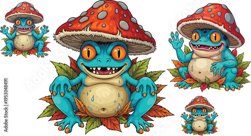 Collection of whimsical cartoon blue frogs wearing bright red and white spotted amanita mushroom caps sitting on autumn leaves on transparent background
