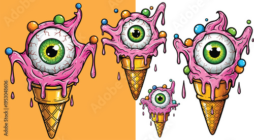 Grotesque melting eyeball ice cream cones featuring detailed green irises and colorful candy toppings on transparent background