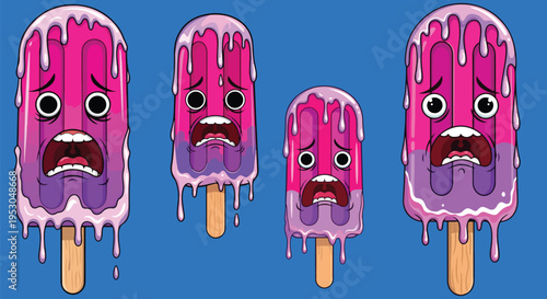 Four terrified cartoon popsicles with melting pink and purple ice cream dripping down their wooden sticks, expressing fear on transparent background. on transparent background