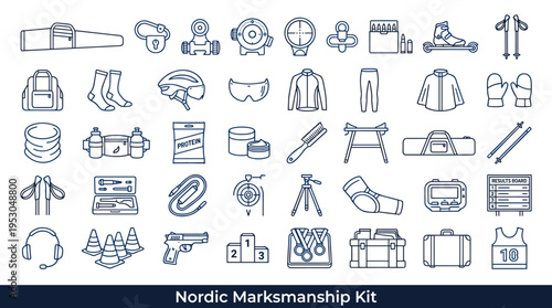 Nordic marksmanship kit icons: equipment and accessories for winter sports and shooting