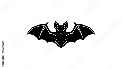 Bold black bat silhouette with open wings on a white background