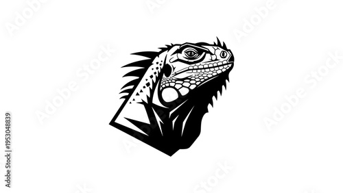 Graphic black and white iguana head design with spiky details