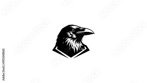 Bold geometric raven silhouette on white background