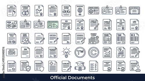 Collection of official document icons representing legal and administrative papers for various purposes