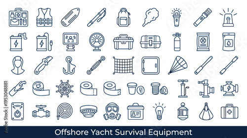 Collection of offshore yacht survival equipment icons for safety and emergency preparedness