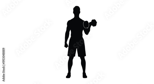 Fitness, workout, exercise, silhouette, man with dumbbell, weightlifting, vector icon