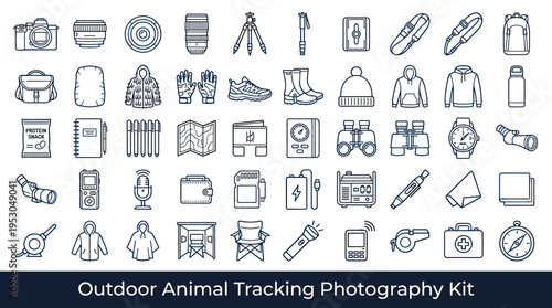 Outdoor Animal Tracking Photography Kit Icons: Camera, Binoculars, Map, and Gear