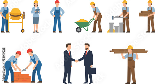 Cartoon construction illustration with workers, managers, machinery, and teamwork for building and industry design
