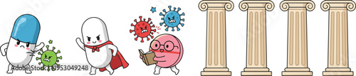 Flat vector illustration set featuring cute capsule characters fighting viruses, a superhero pill, and classic Greek marble pillars for medical and architectural concepts.
