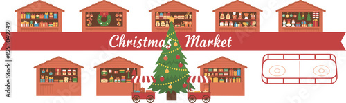 Flat vector illustration set of a traditional Christmas market featuring festive wooden stalls, holiday decorations, gift shops, a decorated pine tree, and winter fair elements.
